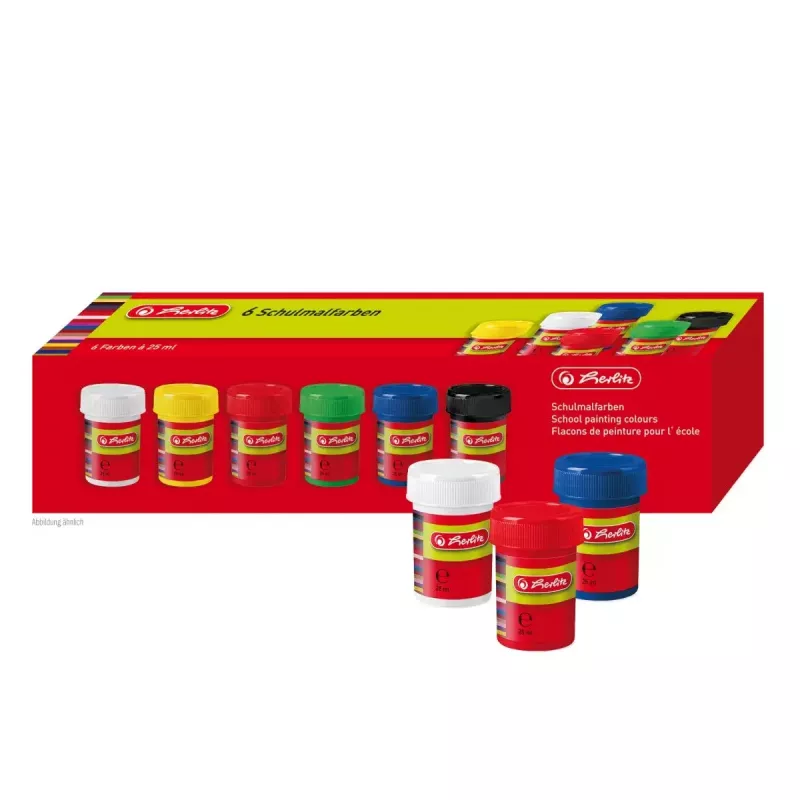 Ūdens bāzes krāsa Herlitz 8643025 Melna Zila Zaļa Sarkana Balta Dzeltena 25 ml Burciņa 6 gab.