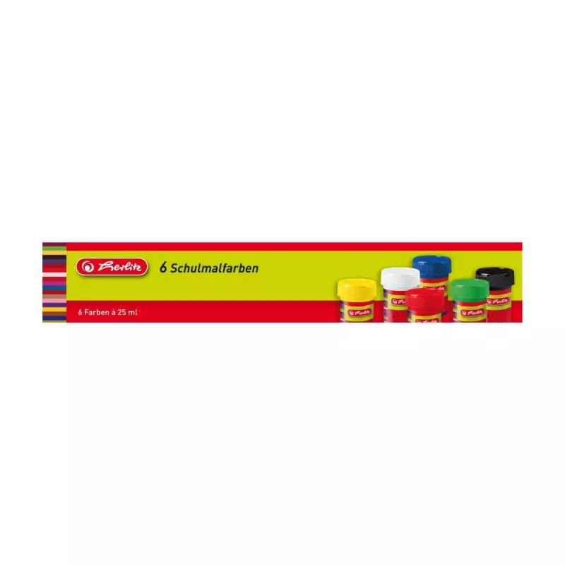 Ūdens bāzes krāsa Herlitz 8643025 Melna Zila Zaļa Sarkana Balta Dzeltena 25 ml Burciņa 6 gab.