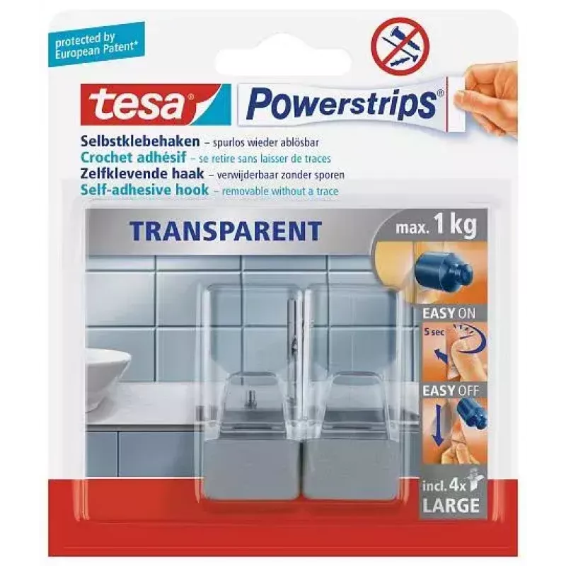 Dvieļu āķis TESA 58812 iekštelpām, caurspīdīgs, 2 gab.