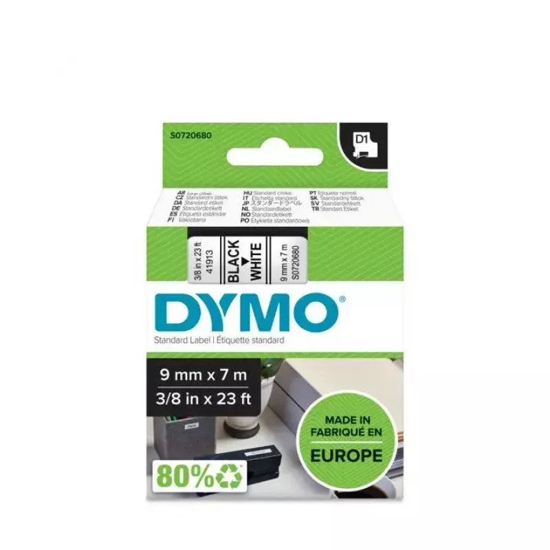 Lentes kasešu lente DYMO D1 standarta melns uz balta 9 mm