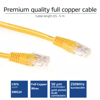 ACT dzeltens 3 metru U/UTP CAT6 komutācijas kabelis ar RJ45 savienotājiem