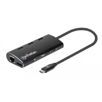 Manhattan USB-C dokstacija/sadalītājs ar karšu lasītāju, pieslēgvietas (x6): Ethernet, HDMI, USB-A (x3) un USB-C, ar strāvas padevi (100 W) uz USB-C pieslēgvietu (piezīme: nepieciešams papildu USB-C sienas lādētājs un USB-C kabelis), universāls visām ierīcēm, alumīnijs, ekvivalents DKT30CSDHPD3