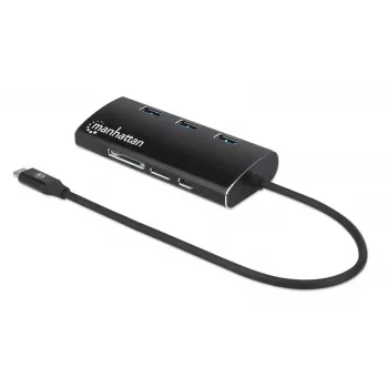 Manhattan USB-C dokstacija/sadalītājs ar karšu lasītāju, pieslēgvietas (x6): Ethernet, HDMI, USB-A (x3) un USB-C, ar strāvas padevi (100 W) uz USB-C pieslēgvietu (piezīme: nepieciešams papildu USB-C sienas lādētājs un USB-C kabelis), universāls visām ierīcēm, alumīnijs, ekvivalents DKT30CSDHPD3