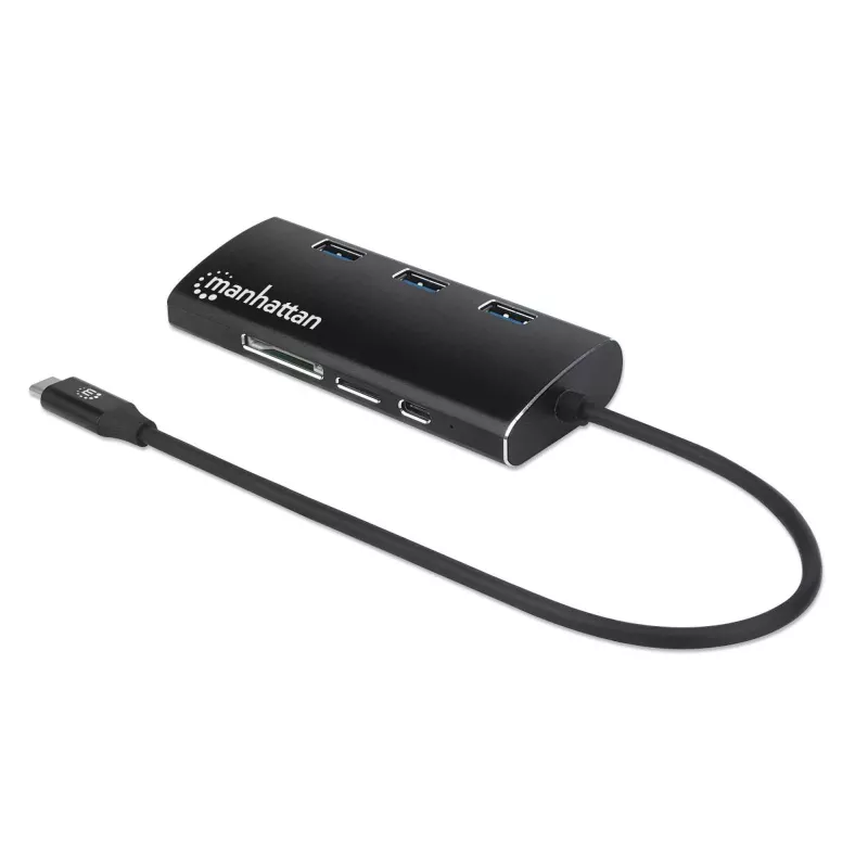 Manhattan USB-C dokstacija/sadalītājs ar karšu lasītāju, pieslēgvietas (x6): Ethernet, HDMI, USB-A (x3) un USB-C, ar strāvas padevi (100 W) uz USB-C pieslēgvietu (piezīme: nepieciešams papildu USB-C sienas lādētājs un USB-C kabelis), universāls visām ierīcēm, alumīnijs, ekvivalents DKT30CSDHPD3