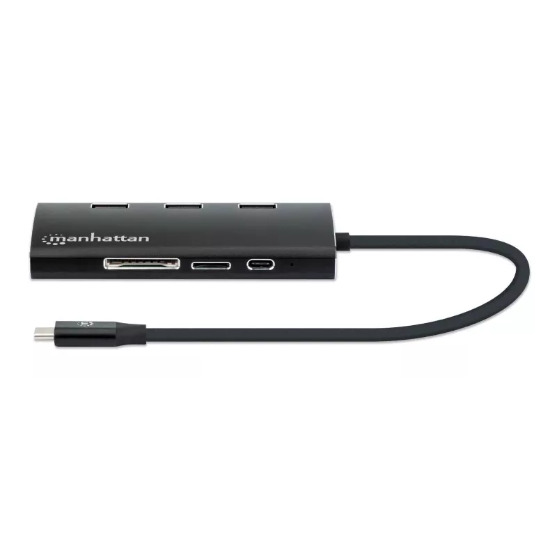 Manhattan USB-C dokstacija/sadalītājs ar karšu lasītāju, pieslēgvietas (x6): Ethernet, HDMI, USB-A (x3) un USB-C, ar strāvas padevi (100 W) uz USB-C pieslēgvietu (piezīme: nepieciešams papildu USB-C sienas lādētājs un USB-C kabelis), universāls visām ierīcēm, alumīnijs, ekvivalents DKT30CSDHPD3