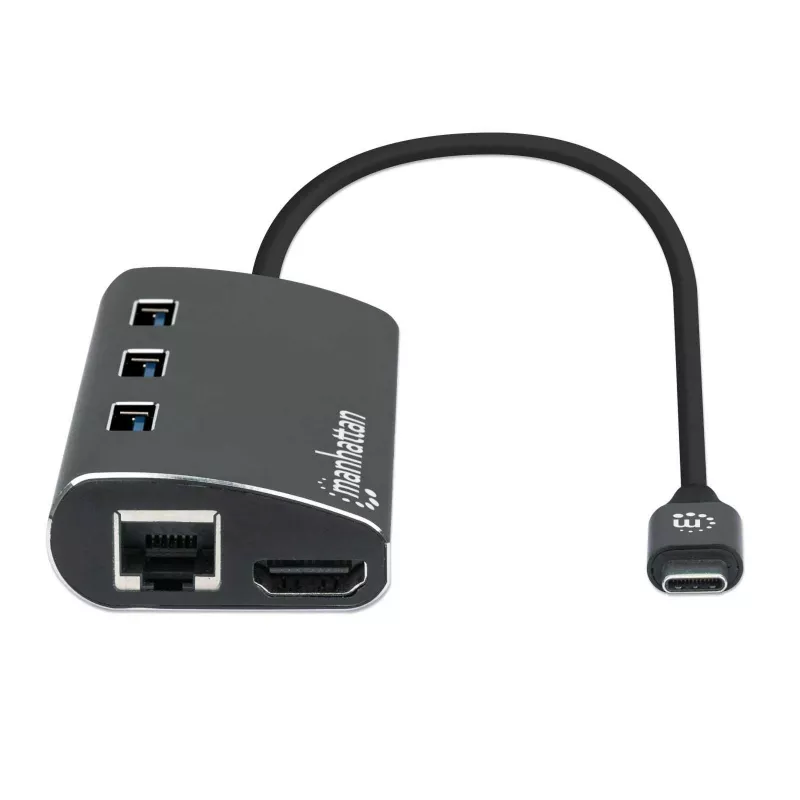 Manhattan USB-C dokstacija/sadalītājs ar karšu lasītāju, pieslēgvietas (x6): Ethernet, HDMI, USB-A (x3) un USB-C, ar strāvas padevi (100 W) uz USB-C pieslēgvietu (piezīme: nepieciešams papildu USB-C sienas lādētājs un USB-C kabelis), universāls visām ierīcēm, alumīnijs, ekvivalents DKT30CSDHPD3