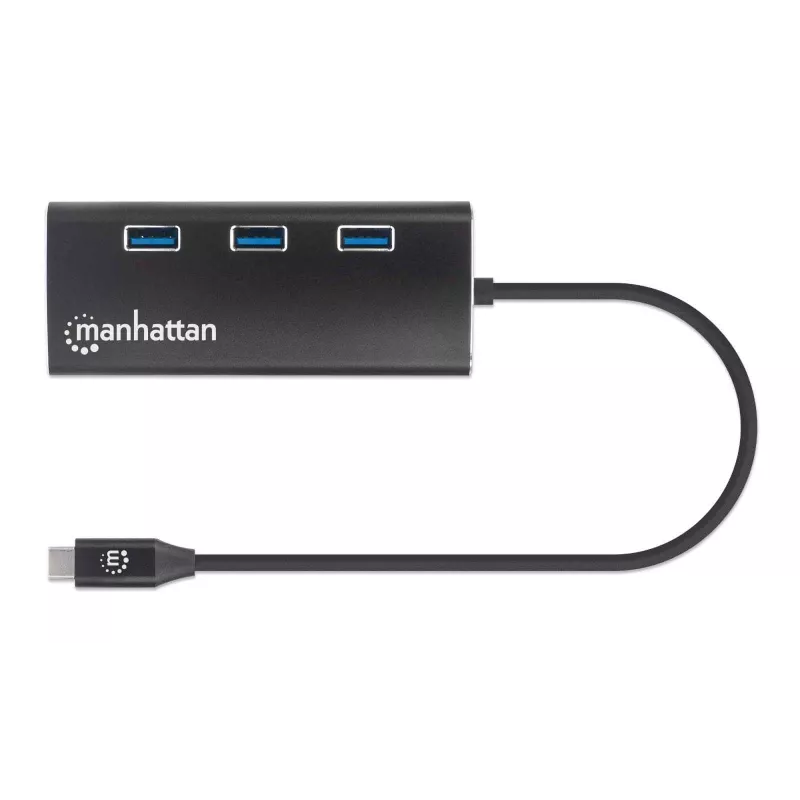 Manhattan USB-C dokstacija/sadalītājs ar karšu lasītāju, pieslēgvietas (x6): Ethernet, HDMI, USB-A (x3) un USB-C, ar strāvas padevi (100 W) uz USB-C pieslēgvietu (piezīme: nepieciešams papildu USB-C sienas lādētājs un USB-C kabelis), universāls visām ierīcēm, alumīnijs, ekvivalents DKT30CSDHPD3