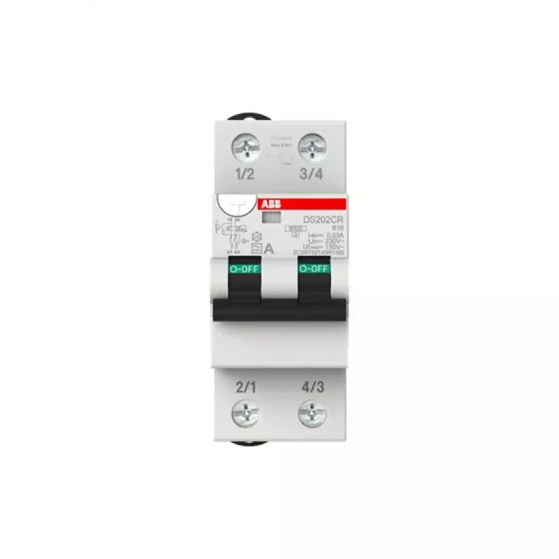 Noplūdes strāvas aizsargslēdzis ABB DS202CR B16 A30 — B tips, A tipa noplūdes strāva, 16 A, 4000 V, 36×72×86 mm