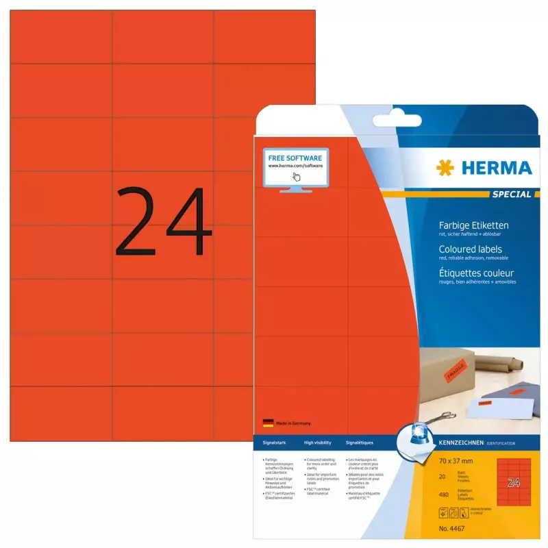 Uzlīmes HERMA krāsainas A4 70x37 mm sarkanas papīra matētas 480 gab.