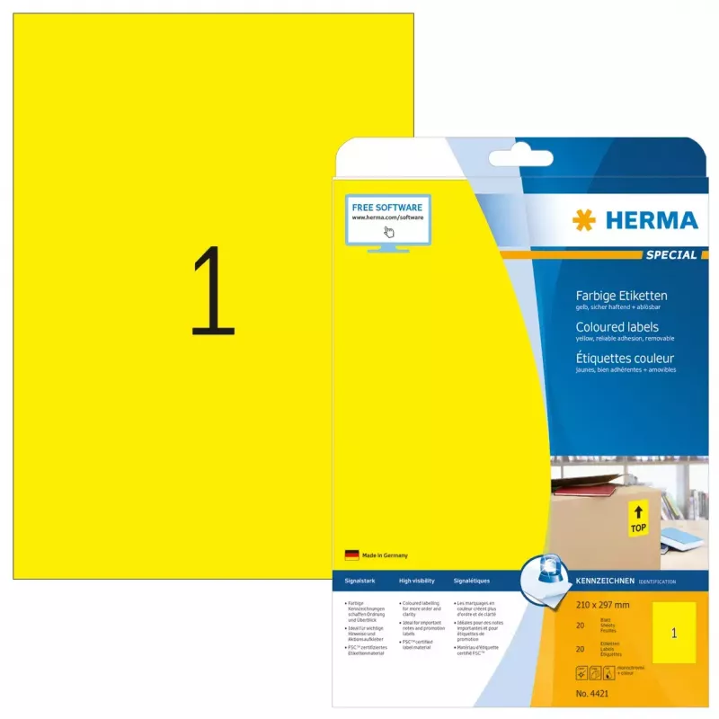 Pašlīmējošā printera uzlīme HERMA Coloured Labels A4 210x297 mm dzeltena papīra matēta 20 gab.