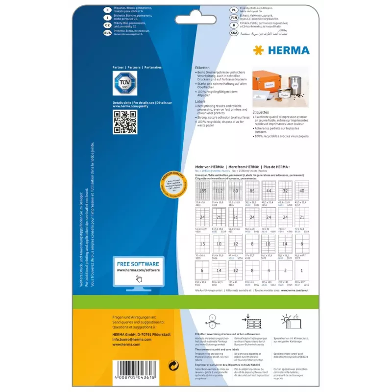 Pašlīmējošā printera uzlīme HERMA Labels Premium A4 70x42 mm