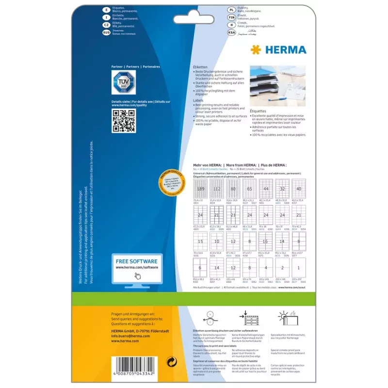 Pašlīmējošā printera etiķete HERMA Labels Premium A4 25.4x16.9 mm