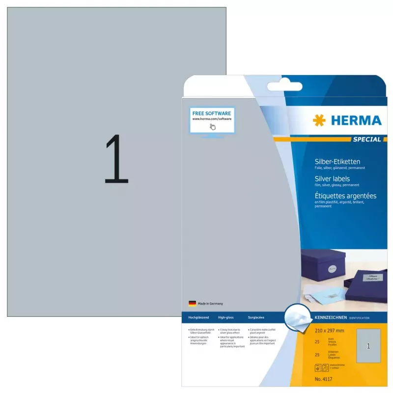 Pašlīmējoša printera etiķete HERMA Labels A4 210x297 mm sudraba plēve glancēta 25 gab.