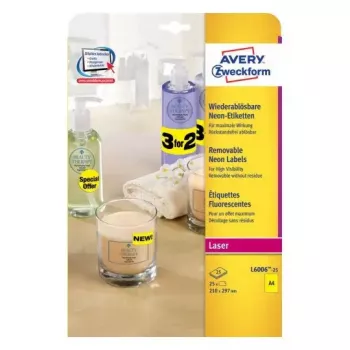 Pašlīmējošā etiķete Avery L6006-25 Noapaļots taisnstūris Noņemams Dzeltens