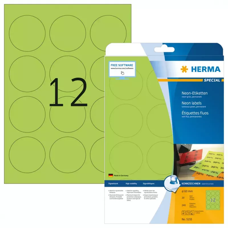 Pašlīmējošā printera etiķete HERMA Neon etiķetes A4 Ø 60 mm