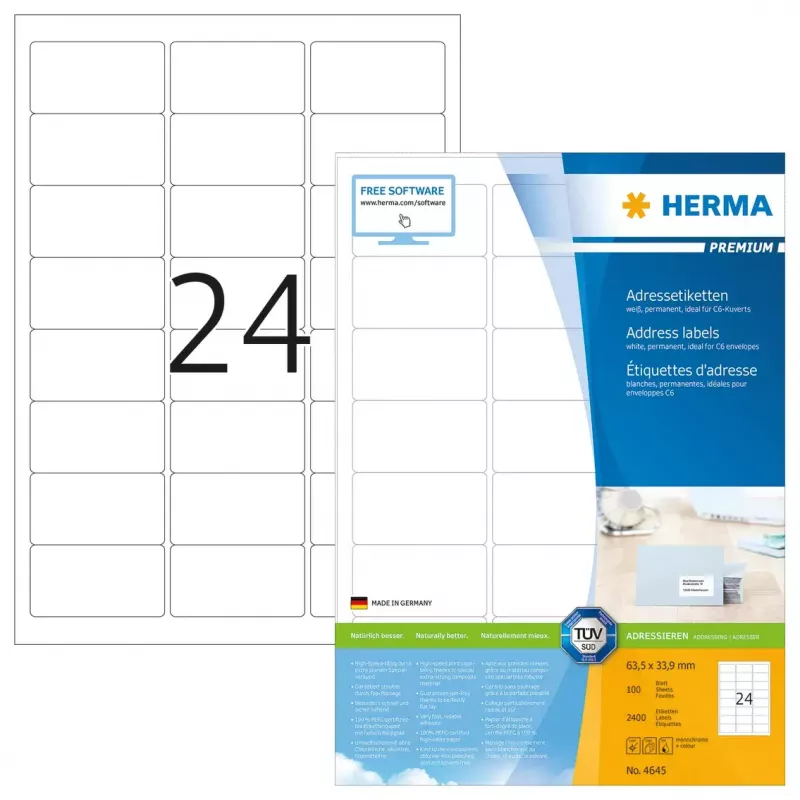 Adrešu uzlīmes Premium HERMA A4 63.5x33.9 mm 2400 gab.
