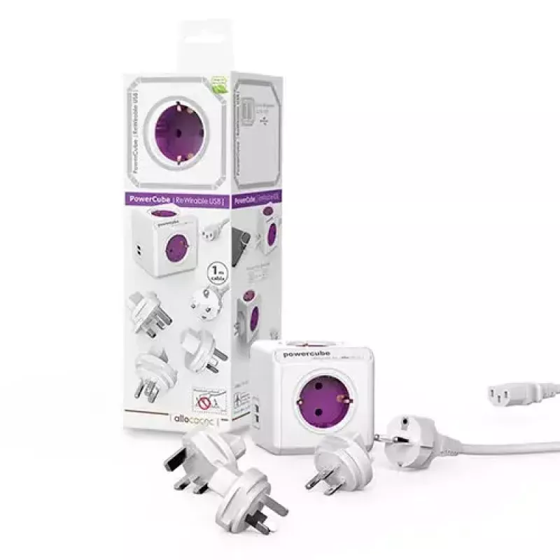 Barošanas pagarinātājs Allocacoc PowerCube ReWirable USB 1m 4 maiņstrāvas ligzdas violeti balts