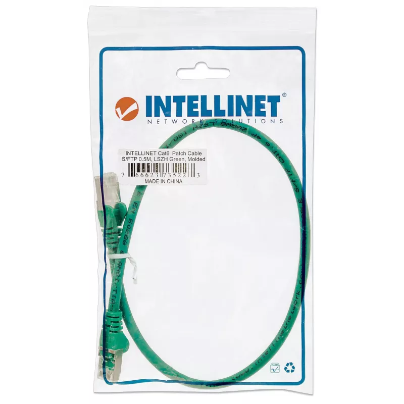 Intellinet tīkla savienojuma kabelis, Cat6, 0,5 m, zaļš, varš, S/FTP, LSOH / LSZH, PVC, RJ45, zelta pārklājuma kontakti, neaizķerams, ar apvalku, mūža garantija