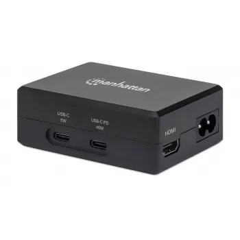 Manhattan Smart Video Multiport dokstacija, pieslēgvietas (x5): HDMI pieslēgvieta, USB-A (x2), USB-C (x2), ar strāvas padevi uz USB-C pieslēgvietu, iebūvēts barošanas avots, ultra kompakta, noņemams strāvas kabelis, melna, trīs gadu garantija, mazumtirdzniecības kaste