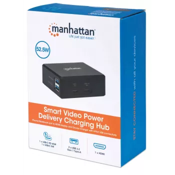 Manhattan Smart Video Multiport dokstacija, pieslēgvietas (x5): HDMI pieslēgvieta, USB-A (x2), USB-C (x2), ar strāvas padevi uz USB-C pieslēgvietu, iebūvēts barošanas avots, ultra kompakta, noņemams strāvas kabelis, melna, trīs gadu garantija, mazumtirdzniecības kaste