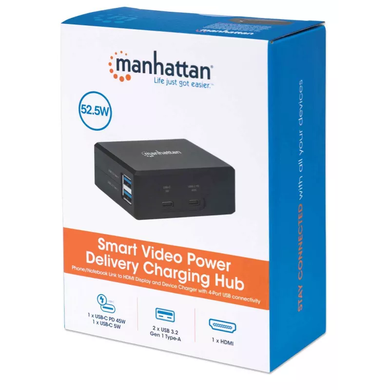 Manhattan Smart Video Multiport dokstacija, pieslēgvietas (x5): HDMI pieslēgvieta, USB-A (x2), USB-C (x2), ar strāvas padevi uz USB-C pieslēgvietu, iebūvēts barošanas avots, ultra kompakta, noņemams strāvas kabelis, melna, trīs gadu garantija, mazumtirdzniecības kaste