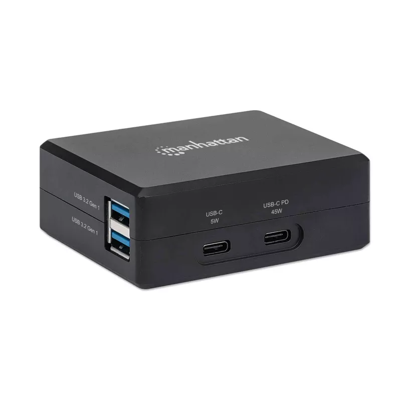 Manhattan Smart Video Multiport dokstacija, pieslēgvietas (x5): HDMI pieslēgvieta, USB-A (x2), USB-C (x2), ar strāvas padevi uz USB-C pieslēgvietu, iebūvēts barošanas avots, ultra kompakta, noņemams strāvas kabelis, melna, trīs gadu garantija, mazumtirdzniecības kaste