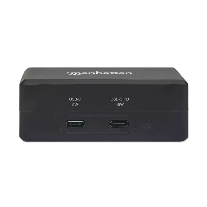 Manhattan Smart Video Multiport dokstacija, pieslēgvietas (x5): HDMI pieslēgvieta, USB-A (x2), USB-C (x2), ar strāvas padevi uz USB-C pieslēgvietu, iebūvēts barošanas avots, ultra kompakta, noņemams strāvas kabelis, melna, trīs gadu garantija, mazumtirdzniecības kaste