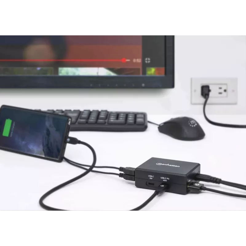Manhattan Smart Video Multiport dokstacija, pieslēgvietas (x5): HDMI pieslēgvieta, USB-A (x2), USB-C (x2), ar strāvas padevi uz USB-C pieslēgvietu, iebūvēts barošanas avots, ultra kompakta, noņemams strāvas kabelis, melna, trīs gadu garantija, mazumtirdzniecības kaste