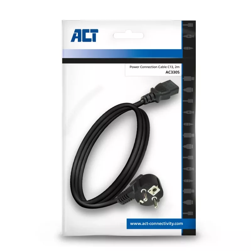 ACT Powercord tīkla savienotājs CEE 7/7 vīrišķais (leņķveida) - C13 melns 2 m