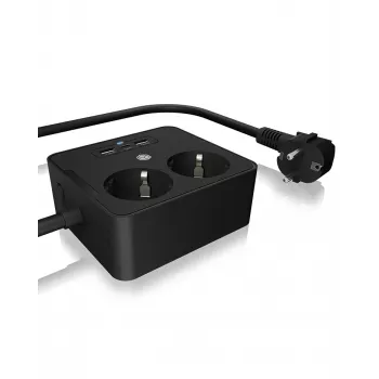 ICY BOX IB-MPS2220B-CH strāvas pagarinātājs 1,9 m 2 maiņstrāvas kontaktligzdas Iekštelpām Melns