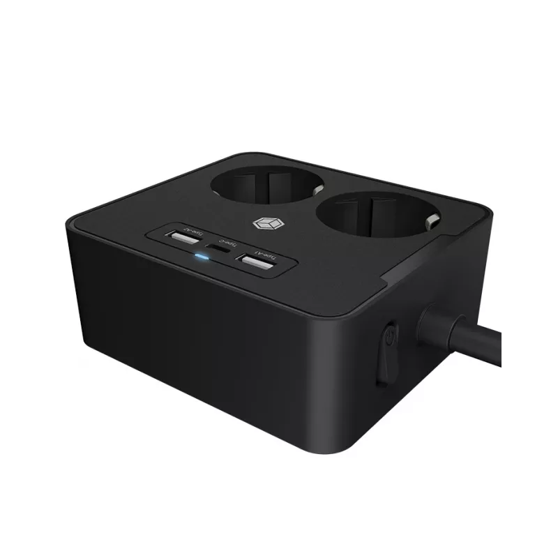 ICY BOX IB-MPS2220B-CH strāvas pagarinātājs 1,9 m 2 maiņstrāvas kontaktligzdas Iekštelpām Melns