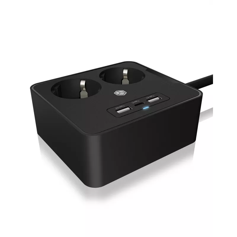 ICY BOX IB-MPS2220B-CH strāvas pagarinātājs 1,9 m 2 maiņstrāvas kontaktligzdas Iekštelpām Melns