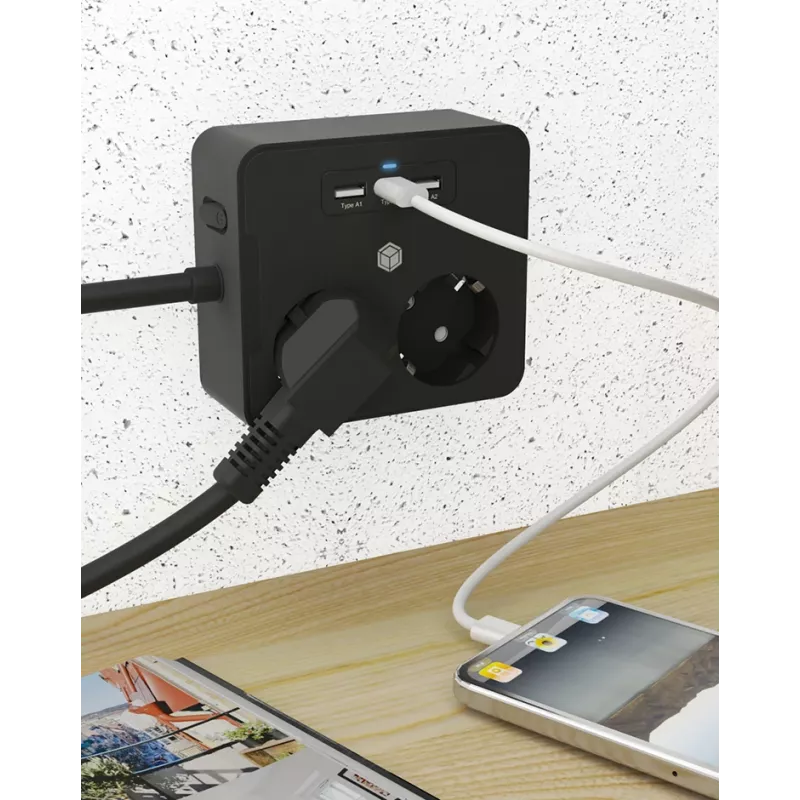 ICY BOX IB-MPS2220B-CH strāvas pagarinātājs 1,9 m 2 maiņstrāvas kontaktligzdas Iekštelpām Melns