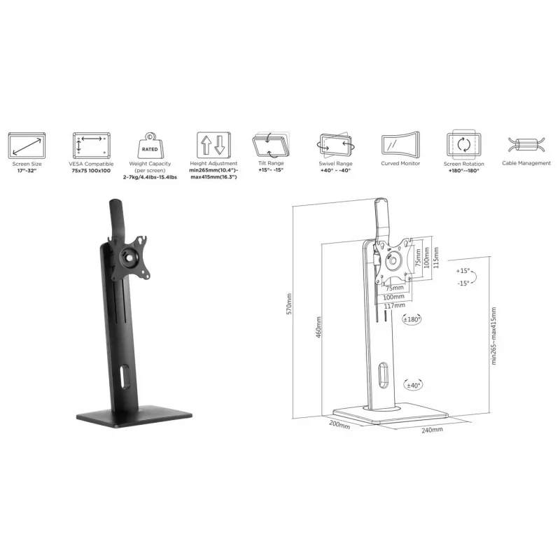 eSTUFF GLB226004 monitora stiprinājums / statīvs 81,3 cm (32 collas) galdam Melns