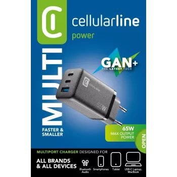 Cellularline Multipower Micro 65W īpaši kompakts 65 W ātrs tīkla lādētājs ar 3 pieslēgvietām