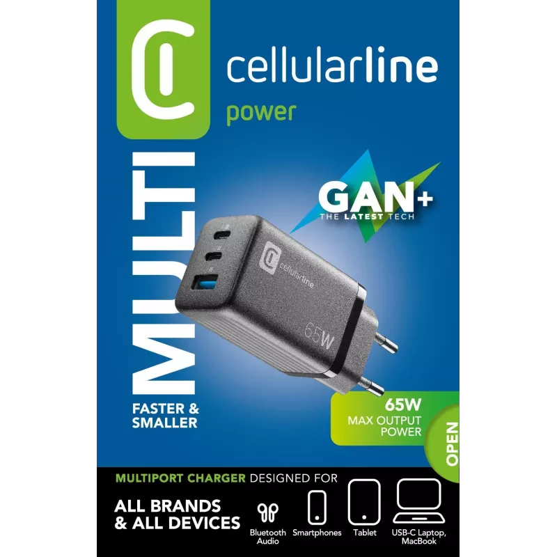 Cellularline Multipower Micro 65W īpaši kompakts 65 W ātrs tīkla lādētājs ar 3 pieslēgvietām