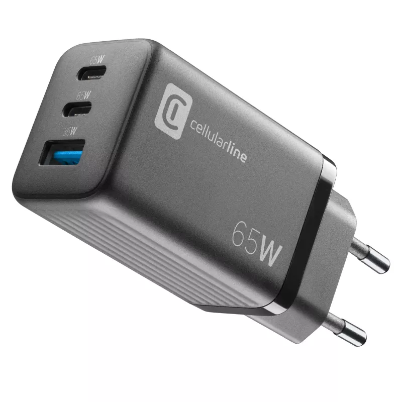 Cellularline Multipower Micro 65W īpaši kompakts 65 W ātrs tīkla lādētājs ar 3 pieslēgvietām