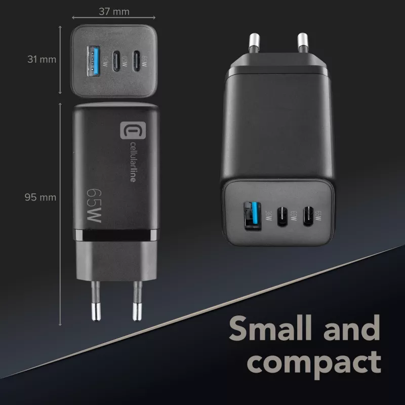 Cellularline Multipower Micro 65W īpaši kompakts 65 W ātrs tīkla lādētājs ar 3 pieslēgvietām