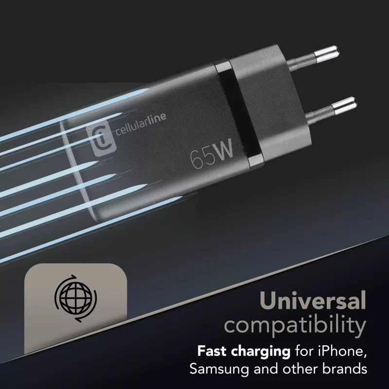 Cellularline Multipower Micro 65W īpaši kompakts 65 W ātrs tīkla lādētājs ar 3 pieslēgvietām