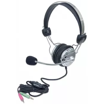 Manhattan Stereo virsausu austiņas (3,5 mm), mikrofona svira (polsterēta), regulējama tērauda galvas saite, iebūvēta skaļuma regulēšana, ausu spilventiņi, standarta 2x 3,5 mm stereo ligzda/spraudnis audio/mikrofona lietošanai, kabelis 2,5 m, 3 gadu garantija