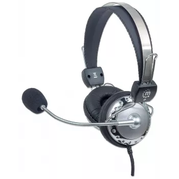 Manhattan Stereo virsausu austiņas (3,5 mm), mikrofona svira (polsterēta), regulējama tērauda galvas saite, iebūvēta skaļuma regulēšana, ausu spilventiņi, standarta 2x 3,5 mm stereo ligzda/spraudnis audio/mikrofona lietošanai, kabelis 2,5 m, 3 gadu garantija
