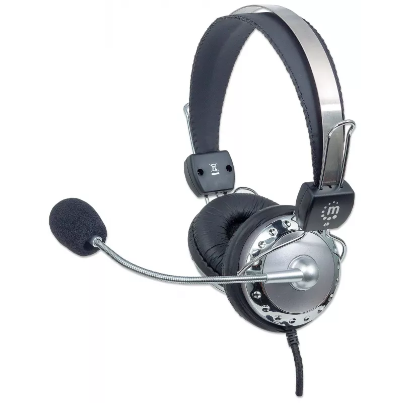 Manhattan Stereo virsausu austiņas (3,5 mm), mikrofona svira (polsterēta), regulējama tērauda galvas saite, iebūvēta skaļuma regulēšana, ausu spilventiņi, standarta 2x 3,5 mm stereo ligzda/spraudnis audio/mikrofona lietošanai, kabelis 2,5 m, 3 gadu garantija