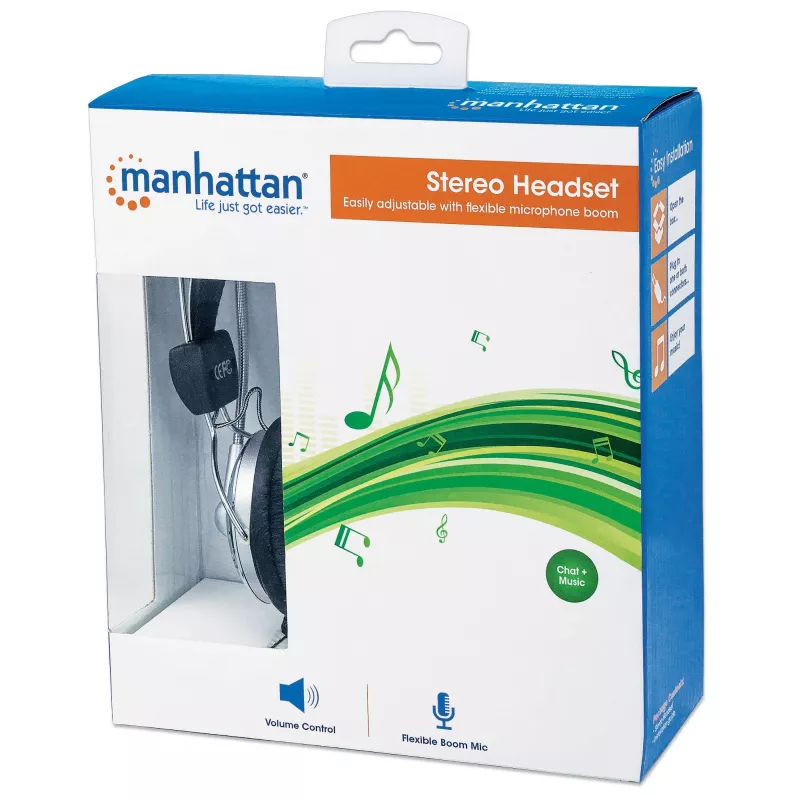 Manhattan Stereo virsausu austiņas (3,5 mm), mikrofona svira (polsterēta), regulējama tērauda galvas saite, iebūvēta skaļuma regulēšana, ausu spilventiņi, standarta 2x 3,5 mm stereo ligzda/spraudnis audio/mikrofona lietošanai, kabelis 2,5 m, 3 gadu garantija