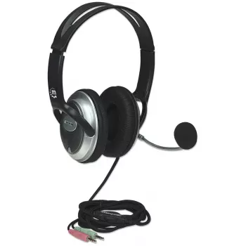 Manhattan Stereo Over-Ear Headset (3.5mm), Microphone Boom (padded), Adjustable Steel Headband, In-Line Volume Control, Ear Cushions, Std 2x 3.5mm stereo jack/plug for audio/mic use, kabelis 2.5m, 3 Year Warranty