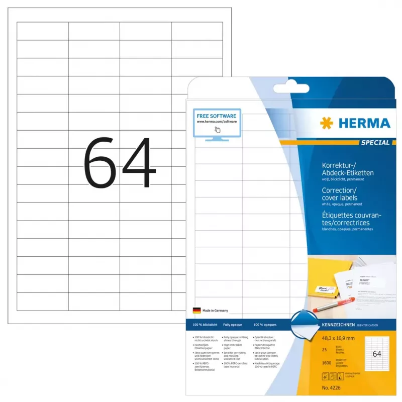 Korekcijas/pārklāšanas uzlīmes HERMA A4 48,3x16,9 mm 1600 gab.