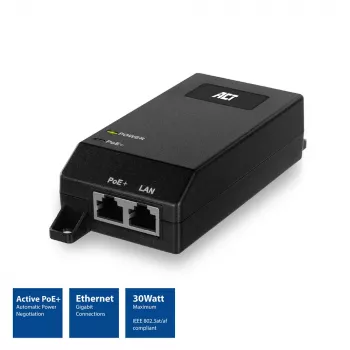 ACT Gigabit PoE+ (30W) injektors, Gigabit Ethernet, 10,100,1000 Mbit/s, IEEE 802.3, IEEE 802.3ab, IEEE 802.3af, IEEE 802.3at, IEEE 802.3u, melns, 30 V, 100–240 V