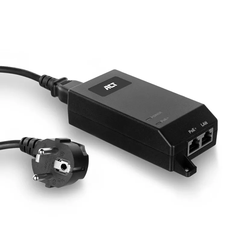 ACT Gigabit PoE+ (30W) injektors, Gigabit Ethernet, 10,100,1000 Mbit/s, IEEE 802.3, IEEE 802.3ab, IEEE 802.3af, IEEE 802.3at, IEEE 802.3u, melns, 30 V, 100–240 V