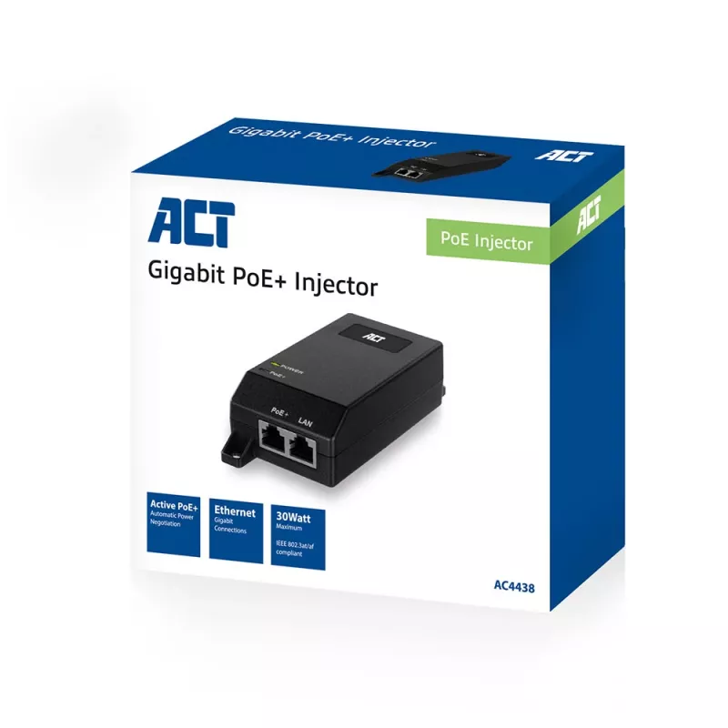 ACT Gigabit PoE+ (30W) injektors, Gigabit Ethernet, 10,100,1000 Mbit/s, IEEE 802.3, IEEE 802.3ab, IEEE 802.3af, IEEE 802.3at, IEEE 802.3u, melns, 30 V, 100–240 V