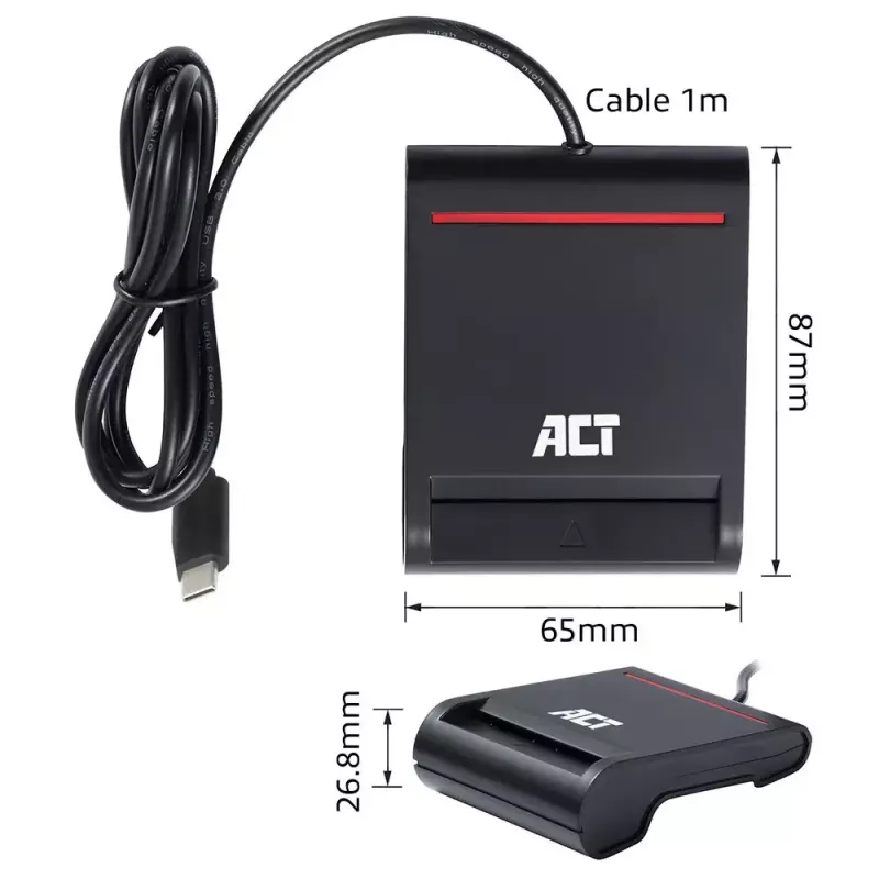 ACT ārējais USB-C viedkaršu eID karšu lasītājs, melns
