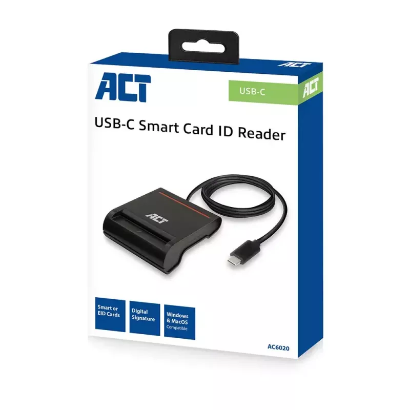 ACT ārējais USB-C viedkaršu eID karšu lasītājs, melns